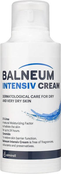 The Balneum Intensiv Cream For Dry Skin (500ml), featuring blue and white labels, offers moisturizing benefits with 5% urea and ceramide. Its fragrance, colorant, and preservative-free. The brand name Balneum appears at the bottom.