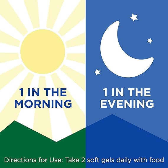 Illustration: Sun on the left with 1 in morning, moon and stars on the right with 1 in evening. Below: For optimal eye health, take 2 Bausch & Lomb PreserVision tablets daily with food.