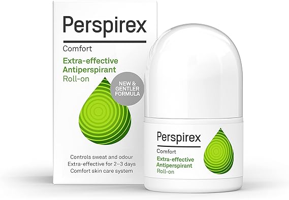 The image features the Perspirex Comfort Green Extra Strength Antiperspirant (20ml) and its box with a green drop design, highlighting its new, gentler formula that provides 2-3 days of sweat and odor protection.