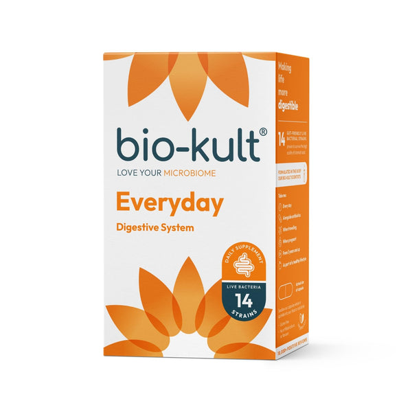 A box of Bio-Kult Everyday Capsules (60) by Bio-Kult features orange and white colors, a floral design, and text highlighting 14 live bacteria strains to support your gut health and daily wellness.