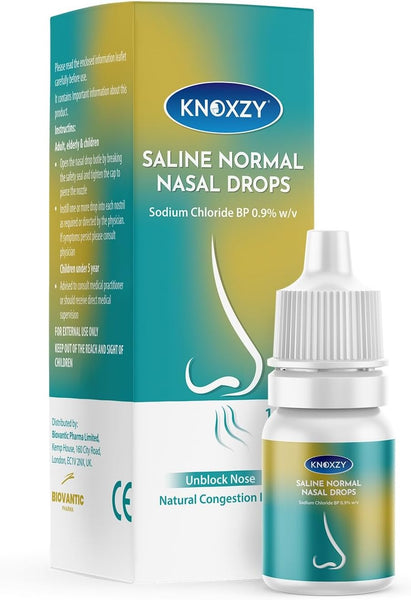 Calpols Saline Nasal Drops (10ml), with Sodium Chloride BP 0.9% w/v, are ideal for nasal congestion in adults, elderly, children, and integrate easily into baby care routines. The packaging features a nose illustration and guides for unblocking. Suitable for ages 0+ months.