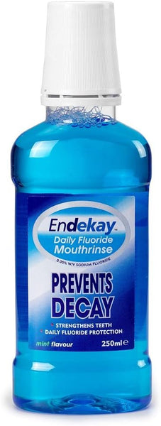 A 250ml blue Endekay Fluoride Mouthrinse with a white cap, labeled Prevents Cavities and strengthens teeth. It features a mint flavor and contains 0.05% w/v sodium fluoride for daily protection—ideal for your oral care routine.