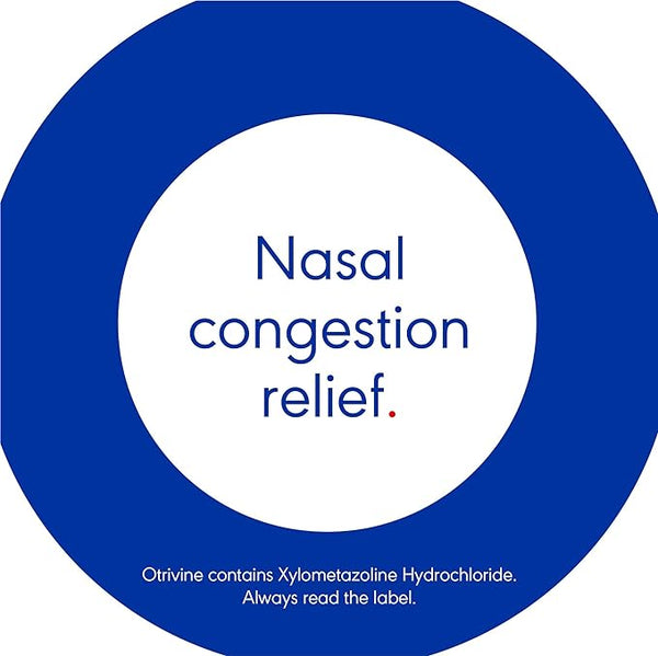 A blue circular graphic with white text Nasal congestion relief showcases Otrivine Decongestant Nasal Spray (10ml). Below, smaller text notes, Otrivine contains Xylometazoline Hydrochloride. Always read the label.