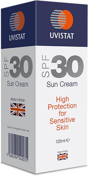 The Uvistat Sun Cream SPF30 offers high UVA protection for sensitive skin. Packaged in a rectangular box with a Union Jack, this 125ml sun cream is proudly made in Britain.