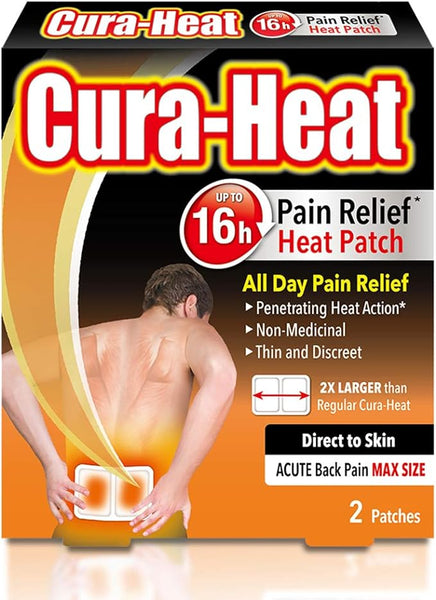 The Cura Heat Max Pain Relief Heat Patch packaging shows muscle tension relief features, with an image of two patches applied to a persons lower back offering Up to 16h Pain Relief. The product is non-medicinal, thin, and discreet. Contains 2 patches from the brand Cura Heat.