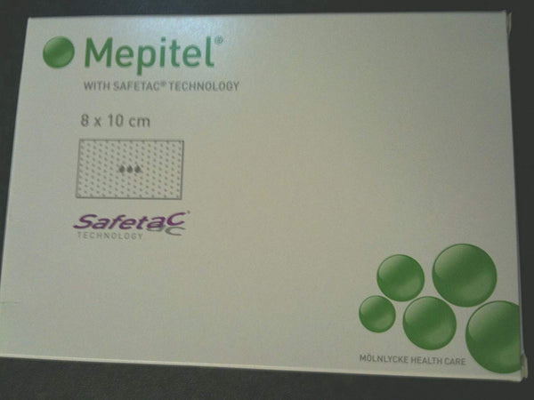 Mepitel Dressing, featuring Safetac Technology for effective wound contact and silicone adhesion, comes in a 5-pack of 8x10 cm dressings. Packaging features the Mölnlycke Health Care logo on a white background with green circle designs.