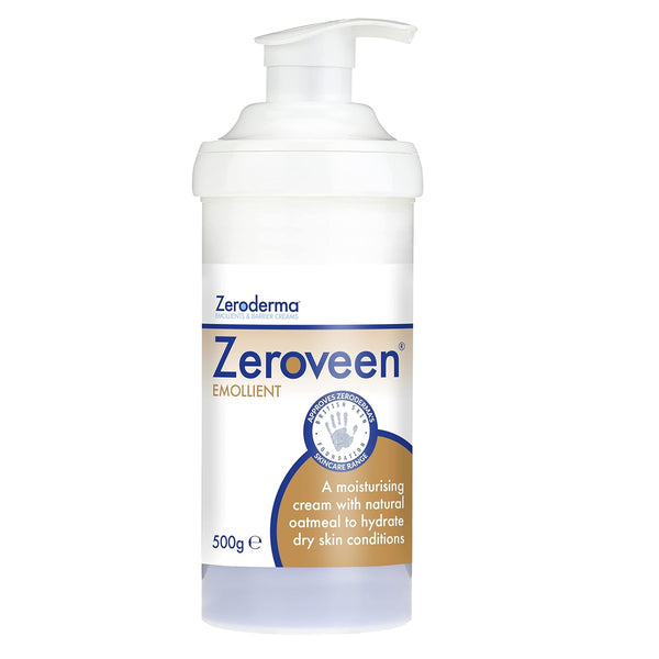 A white pump bottle labeled Zeroderma Zeroveen Emollient (500g) with blue and orange accents states it is a moisturizing cream with natural oatmeal to hydrate dry, sensitive skin.