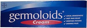 The Germoloids Triple Action Cream (25g), featuring a blue and red design, highlights its haemorrhoid relief benefits with lidocaine hydrochloride for fast pain and itch relief, numbing discomfort while reducing piles. The Germoloids logo is positioned in the top left corner.