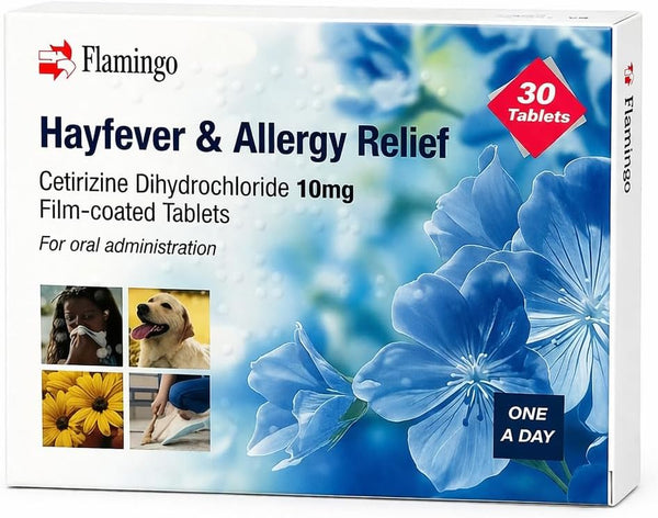 A box of Cetirizine Dihydrochloride 10mg tablets for hayfever and allergy relief (180 tablets, 6 packs). One-a-day non-drowsy formula. Brand may vary. Features images of blue flowers, a sneezing woman, a dog, and a flower on the packaging.