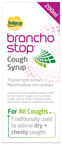 The packaging image of Bronchostop Cough Syrup (200 ml) by Bronchostop showcases its trusted herbal ingredients, thyme herb and marshmallow root extracts, used traditionally for relieving both dry and chesty coughs.