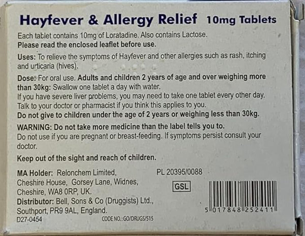 Bells Cetrizine Hydrochloride 30 Tabs (10mg) is an antihistamine containing cetirizine. Directions, dosage for adults and children, and warnings are on the packaging, with manufacturer details at the bottom.