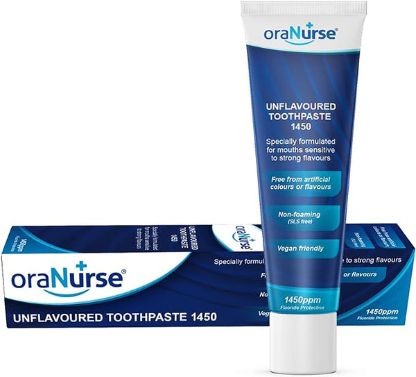 The Oranurse Unflavoured Toothpaste (50ml) features a blue and white tube and box, highlighting its SLS-free formula. This vegan-friendly toothpaste offers fluoride protection without artificial colors or flavors and is non-foaming.