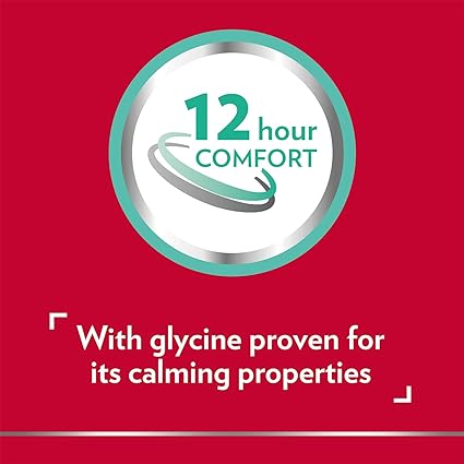 A red background with a circular logo displaying 12 Hour Comfort in teal text. Below it, white text states: With glycine known for calming and soothing, reflecting the refreshing care of Canesfresh Soothing Gel Wash for intimate areas.