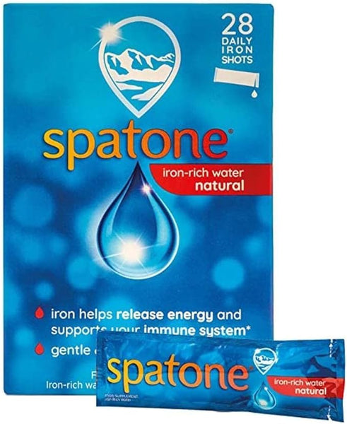 Image of Spatone Iron Natural packaging. The blue box, with a water drop design, emphasizes its support for energy and immune health. Contains 28 daily sachets, with one sachet image at the bottom right.
