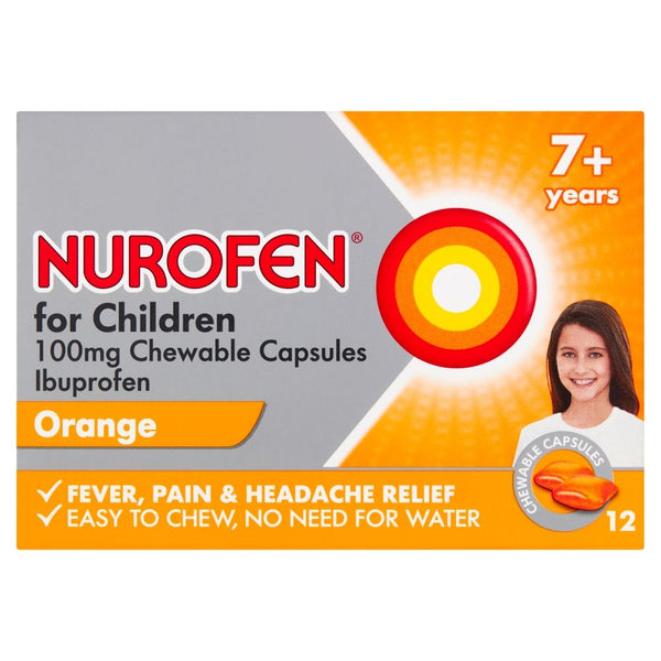 Nurofen Pain Relief Chewable Orange 100mg (12 Capsules) offers ibuprofen-based relief for fever, pain, and headaches in children aged 7+. Its orange flavor encourages easy ingestion.