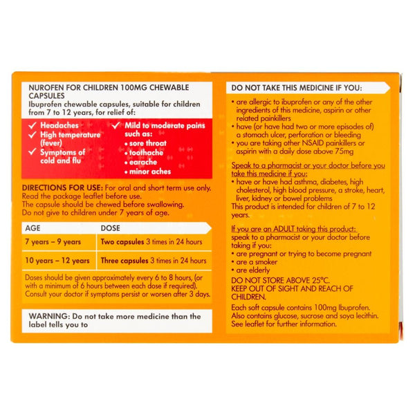 The image features Nurofen Pain Relief Chewable Orange 100mg (12 Capsules) for children, highlighting dosage by age, usage instructions, symptoms treated like headaches and fever, and crucial warnings about use with certain conditions or other pain relief medications.