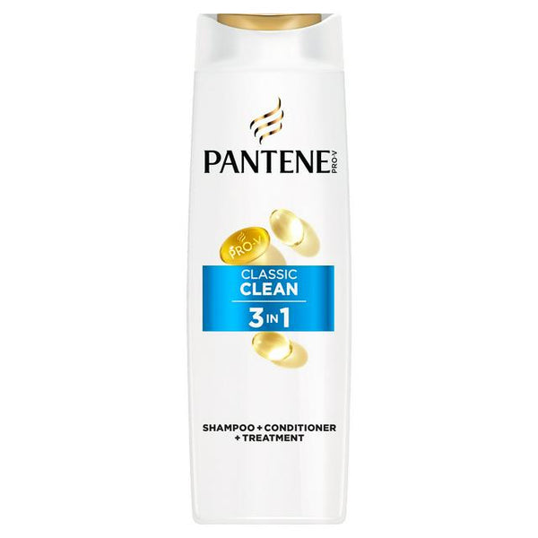 A white 400ml Pantene Active Nutri Plex XL - Classic Clean 3 in 1 bottle features a blue and gold label with gold capsules and the Pantene logo, designed for hair strengthening.