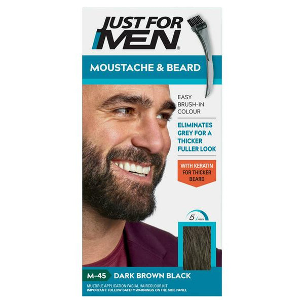 Box of Just For Men Brush In Gel Dark Brown Black (1) by Just For Men, featuring a smiling man with a dark beard. Text highlights “Eliminates Grey,” “Thicker Fuller Look,” and the Dark Brown Black shade, with an image of the product brush. Also available in light brown for natural-looking results.