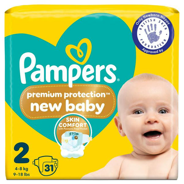 Pampers New Baby Nappies Size 2 (31 Nappies) by Pampers, designed for babies weighing 4-8 kg, feature a cheerful baby on the packaging with a yellow background, heart motif, and the British Nappy Foundation approval logo. Made from ultra-soft materials to care for delicate skin and offer instant absorption for dryness and comfort. Each pack contains 31 nappies.