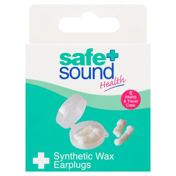 A box of Safe and Sound Wax Earplugs With Travel Case (6 Pairs) features travel earplug imagery and promises noise reduction, all in sleek white and teal packaging from the trusted Safe and Sound brand.