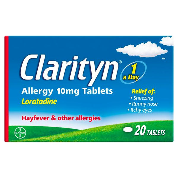Clarityn Allergy Tablets - Loratadine 10mg (20 Tablets) from Clarityn come in a blue and green box, emphasizing “1 a Day” relief for hay fever and allergies. This non-drowsy formula helps relieve sneezing, runny nose, and itchy eyes.