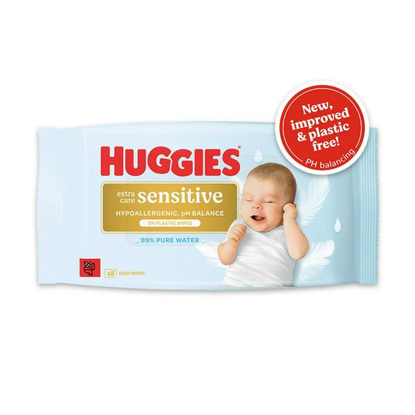 A 48-pack of Huggies Pure Extra Care Sensitive Plastic Free Baby Wipes, featuring a smiling baby on the packaging. Made by Huggies and specially formulated for sensitive skin, these wipes contain 99% pure water and naturally derived fibers. They are hypoallergenic and plastic-free, with a red “new” label—an ideal choice for parents who rely on Huggies Pure baby wipes for gentle care.