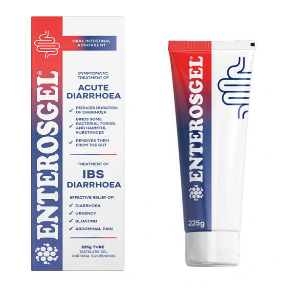 Image of Enterosgel packaging and tube. The box highlights its use for treating acute and IBS diarrhea, promoting intestinal health. The brand name is prominent, detailing benefits like diarrhea relief and toxin binding, with the size noted (225g).