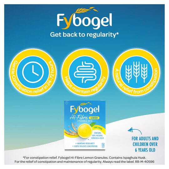 Promotional image for Fybogel Hi-Fibre Drink For Constipation - Lemon. This gluten-free option provides gentle constipation relief in 12-72 hours, helping maintain regularity naturally. Suitable for adults and children over 6, it contains Ispaghula Husk for effective relief.