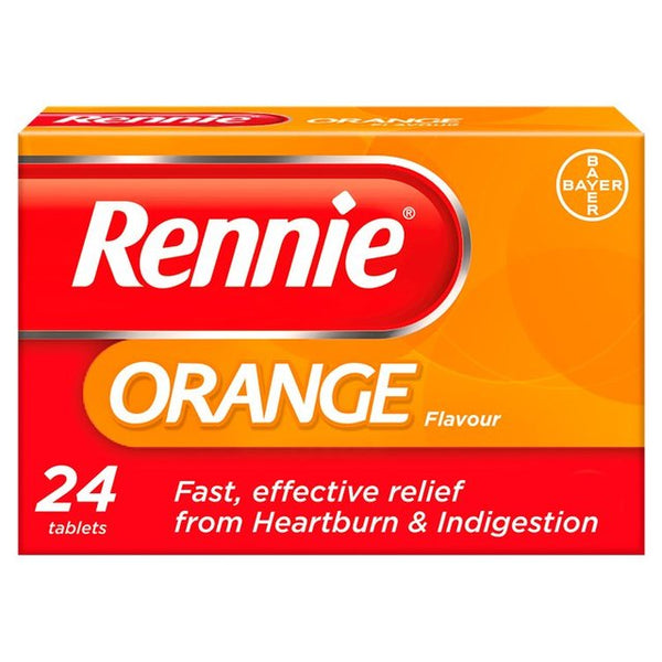 Rennie Orange Flavour (24 Tablets) by Bayer provides quick relief from heartburn and indigestion, with packaging in vibrant orange and red.