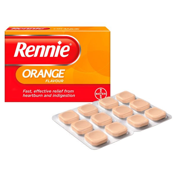 The Bayer Rennie Orange Flavour (24 Tablets) offers fast, effective relief from heartburn and indigestion. The peach-colored chewable tablets are arranged in a 3x4 grid within the blister pack.