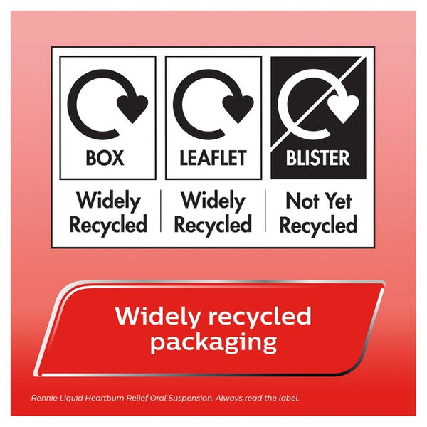 A recycling guide shows three icons: a box and leaflet with Widely Recycled and a blister marked Not Yet Recycled. A red banner below reads, Widely recycled packaging, ideal for Bayers Rennie Orange Flavour (24 Tablets) to promote sustainable heartburn relief.