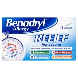 Benadryl Allergy Relief (48 Capsules) by Benadryl provides fast relief from hay fever, dust, pet, and skin allergy symptoms in 15 minutes, with effects lasting up to 8 hours.