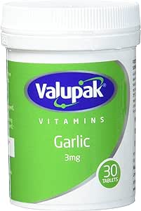 The Valupak Garlic Tablets 3mg (30 count) comes in a green and white container with a prominent brand logo and white lid, offering cardiovascular health and immune support benefits.