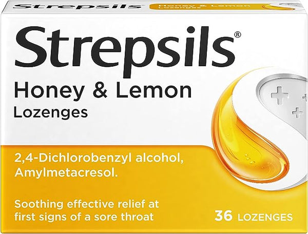 The image features a Strepsils box highlighting Strepsils Lozenges for Sore Throat & Blocked Nose, containing 2,4-Dichlorobenzyl alcohol and Amylmetacresol. With 36 lozenges per pack, it promises soothing relief when you need effective Strepsils on hand.