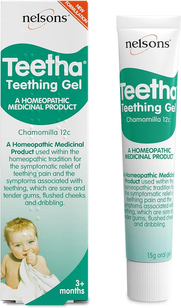 The image features the packaging and tube of Nelsons Baby Teetha Teething Gel (15g), highlighted in a green and white design. This homeopathic remedy, suitable for infants 3 months and older, prominently displays Teetha for teething relief and contains Chamomilla 12c to ease discomfort.