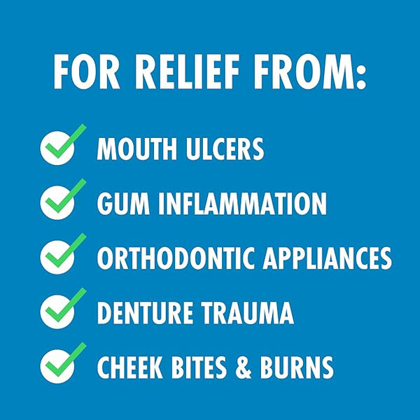 Text on a blue background displays: Relief from: Mouth ulcers, gum inflammation, orthodontic appliances, denture trauma, cheek bites & burns, each with a green checkmark. Enhanced oral health with Colgate Peroxyl Mouthwash (300ml) Mint Flavour uses hydrogen peroxide power.