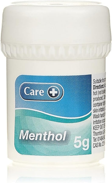 White container labeled Bells Menthol Crystals (5g) with a blue design, ideal for sinus relief. It features a white, ridged cap and includes usage instructions and contact information.