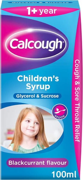 The 125ml CalCough Childrens Cough and Sore Throat Syrup features child-friendly blue, pink, and purple packaging with a photo of a young girl. Suitable for ages 1+, this blackcurrant flavor relieves sore throats with glycerol and sucrose.