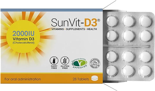 A box of SunVit-D3 Sun Vit 2000Iu (28 Daily Tablets) features 2000 IU Vitamin D3, a cholecalciferol-based supplement, highlighting its dairy-free, gluten-free, and Vegetarian Society-approved benefits for immune support.