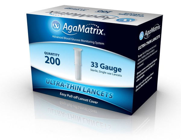 The Agamatrix Ultrathin Lancets 33g (200 Pack) box is blue and white, showcasing 33G and Quantity 200. It highlights sterile, single-use lancets that are compatible with any lancing device and have an easy pull-off cover.