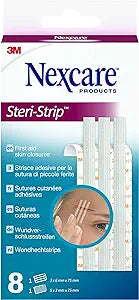 Nexcare 3M - Steri-Strip First Aid Skin Closures are perfect for wound care, showing a hand applying a strip. The box includes 8 strips, each 1/2 inch by 4 inches, with multilingual text.