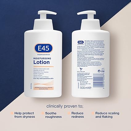 Two E45 Lotion Pump (500ml) bottles are shown against a split dark/light background. The front displays the label; the back shows product details. Text below highlights benefits for dry, sensitive skin: dryness protection, soothing roughness, reducing redness and scaling reduction.