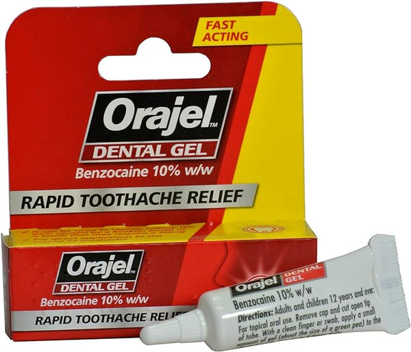 The Orajel Dental Gel - Toothache Pain Relief (Red Pack) 5G from Orajel, containing 10% benzocaine, offers rapid relief for toothaches. The vibrant red and yellow packaging highlights its Fast Acting feature, and the white tube provides clear usage directions in small text.