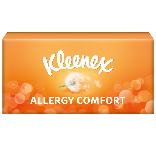 The KLEENEX Allergy Comfort box (56 tissues) provides hypoallergenic relief with dandelion seeds and circular bokeh backdrop, ensuring ultra-absorbent care for sneezes and sniffles.