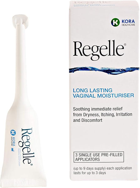 The image displays Regelles hormone-free gel packaging, featuring a white pre-filled applicator. The box highlights the Regelle Long Lasting Vaginal Moisturiser for Menopause, providing relief from dryness and irritation with three single-use applicators, ideal for alleviating discomfort.