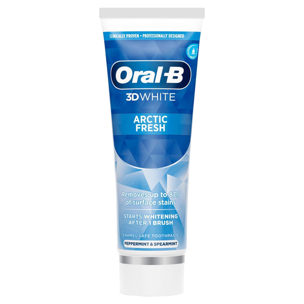 A 75ml tube of Oral-B 3D White Arctic Fresh toothpaste features blue and white packaging. It claims to remove up to 80% of surface stains with peppermint and spearmint flavors, starting whitening after just one brush.