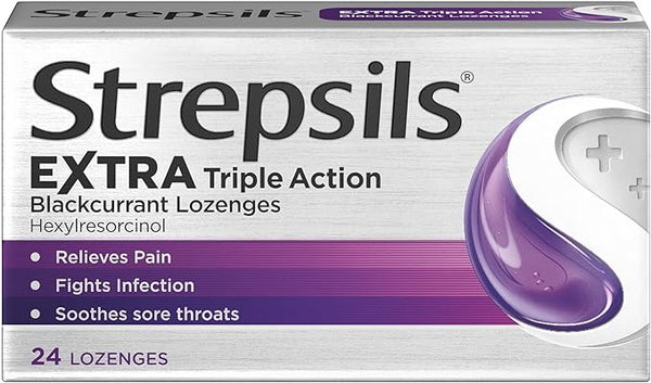 Strepsils Extra Triple Action Blackcurrant Lozenges (24) offers effective sore throat relief with hexylresorcinol, providing pain relief and fighting infections.