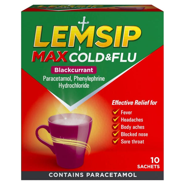 Lemsip Max Cold & Flu Sachets - Blackcurrant (10 Pack) by Lemsip offers soothing relief for fever, headaches, and nasal congestion. The green-and-red box with a mug graphic contains paracetamol to aid sore throat relief.