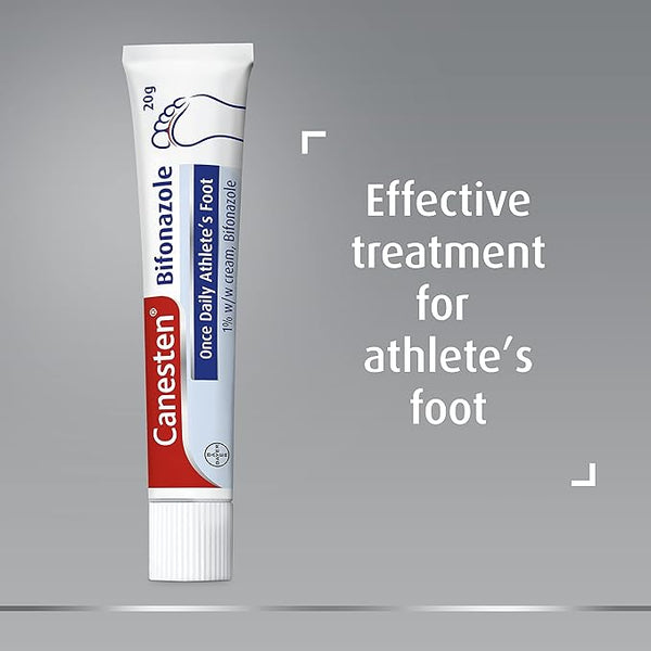 A tube labeled Canesten Bifonazole Once Daily Athletes Foot Cream (20g) sits next to text on a gray background that reads: Effective antifungal treatment for athlete’s foot.