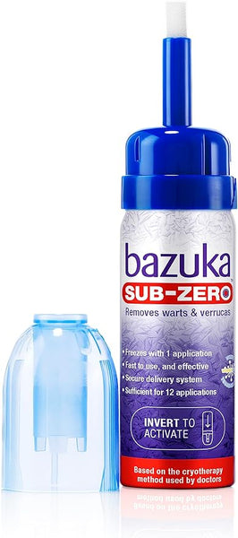 A Bazuka Sub Zero Warts & Verruca device in blue and white is designed for effective verruca treatment. With a cap removed, it’s ideal for wart removal. The packaging emphasizes its effectiveness for up to 12 applications.